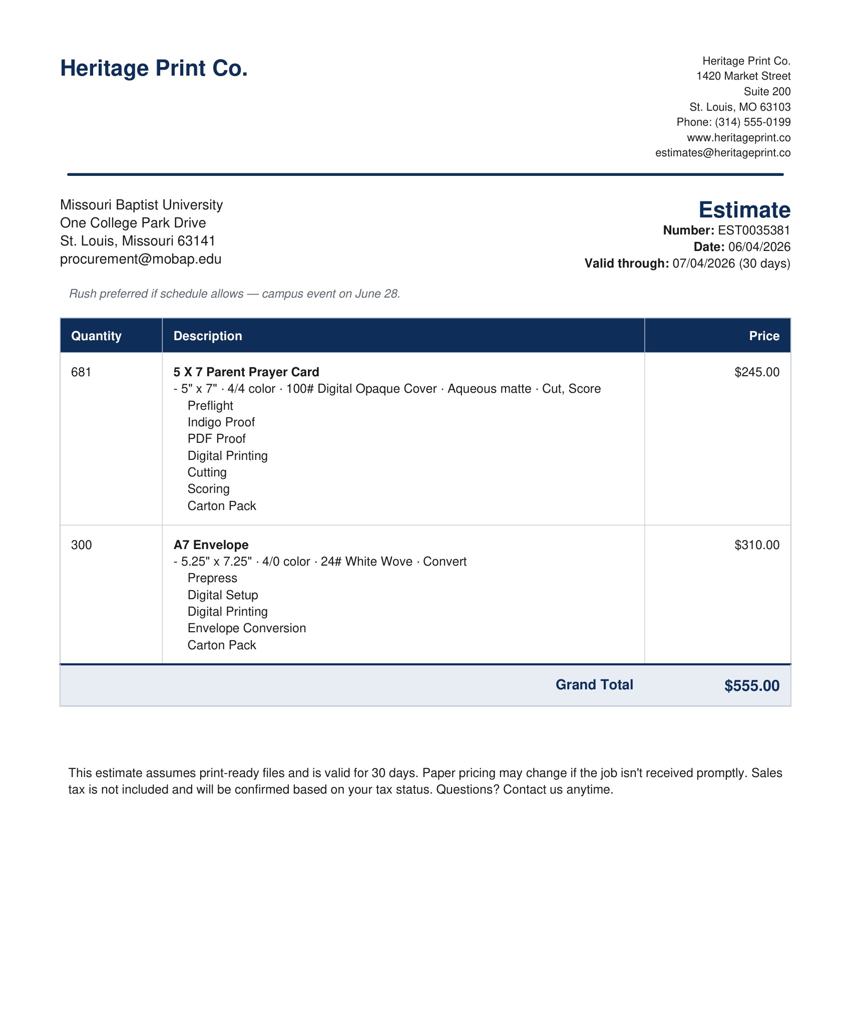 Page one of the branded quote PDF the customer receives.