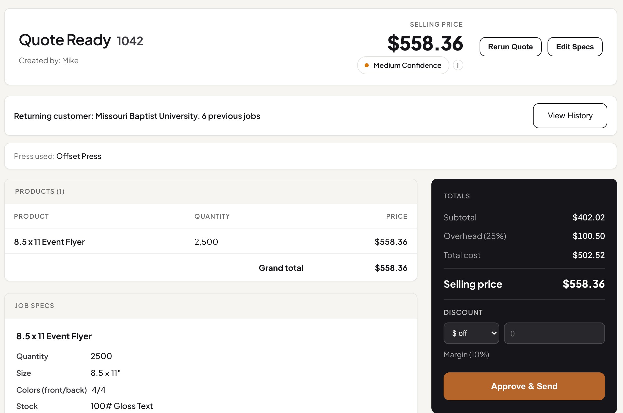 The estimator's quote screen: selling price, confidence badge, line items and totals, with Approve and Send.